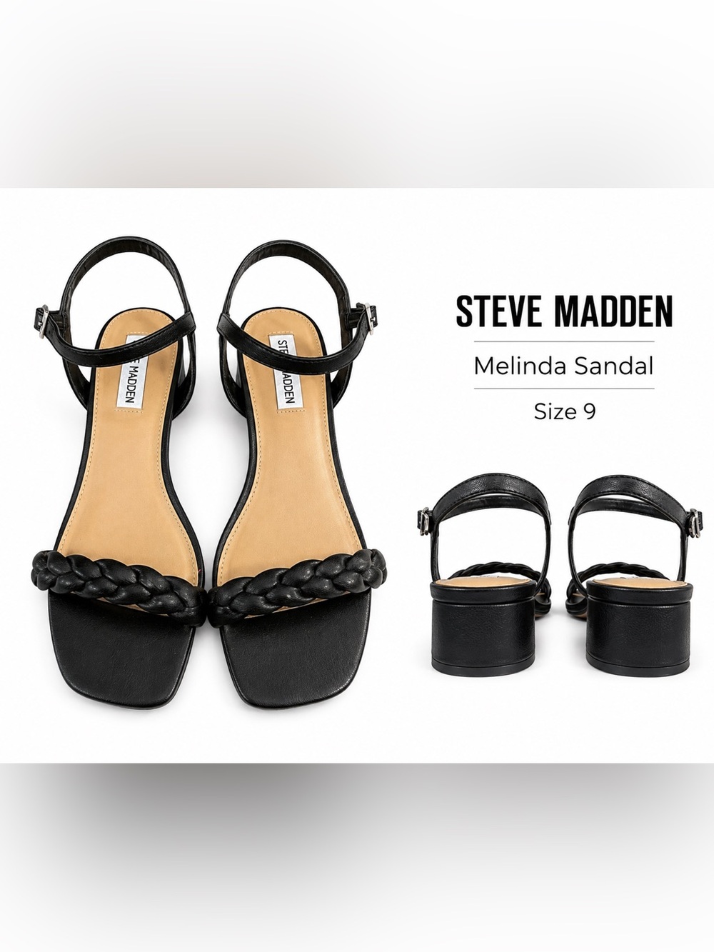 Steve Madden Melinda Black Braided Block Heel Sandals 9M